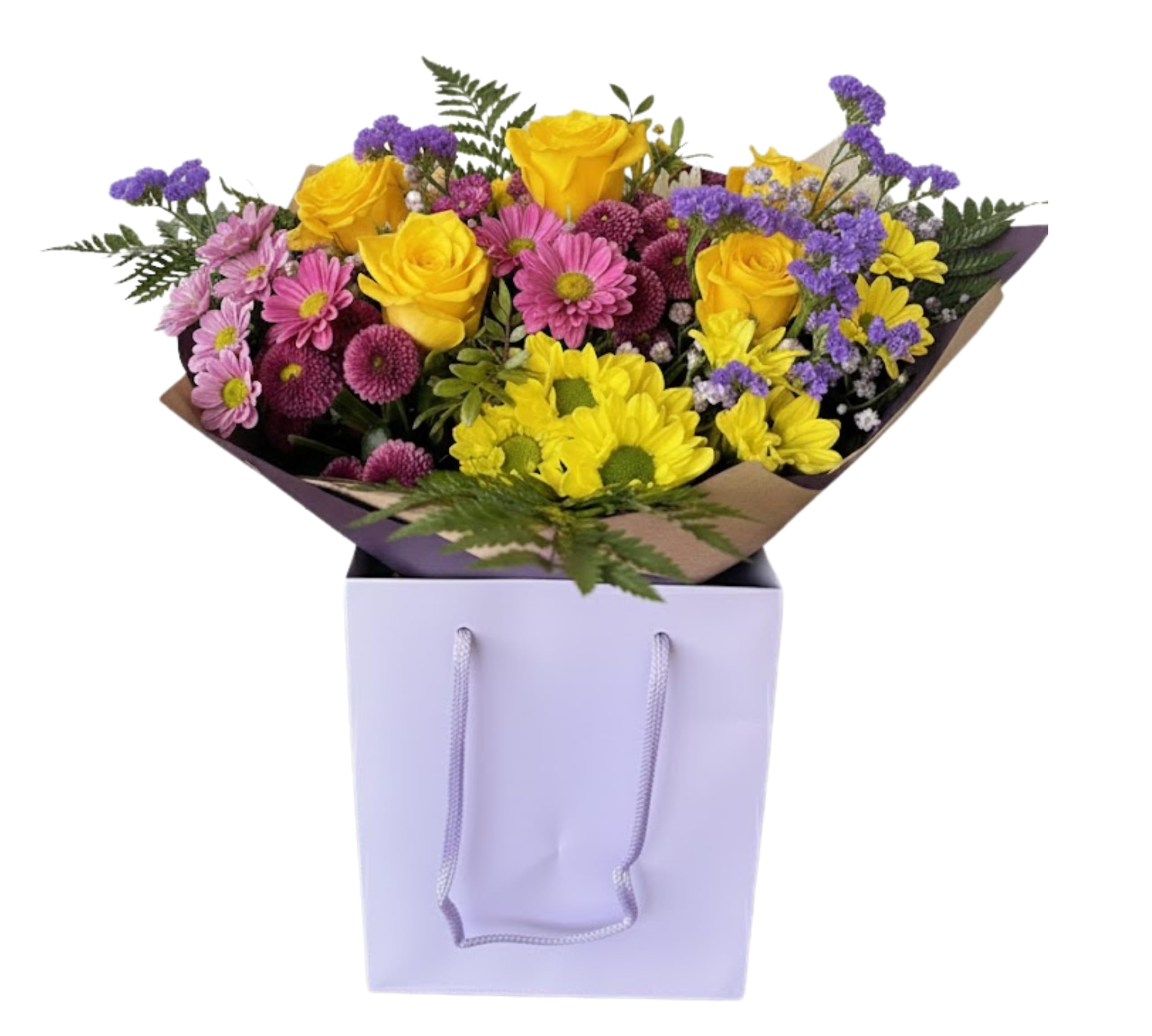 Cheers Fresh Bouquet with Yellow Roses, Pink Santini, Purple and White Seasonal Flowers, Floral Arrangement for Birthday, Mother’s Day, Anniversary, Housewarming or Festive Occasion Gift