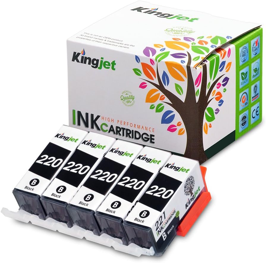 Kingjet Compatible Ink Cartridge Replacement for PGI-220 Black Work with PIXMA MP560 MP620 MP620B MP640 MP980 MP990 MX860 MX870 IP3600 IP4600 IP4700 Printer, 5 Pack(Black)