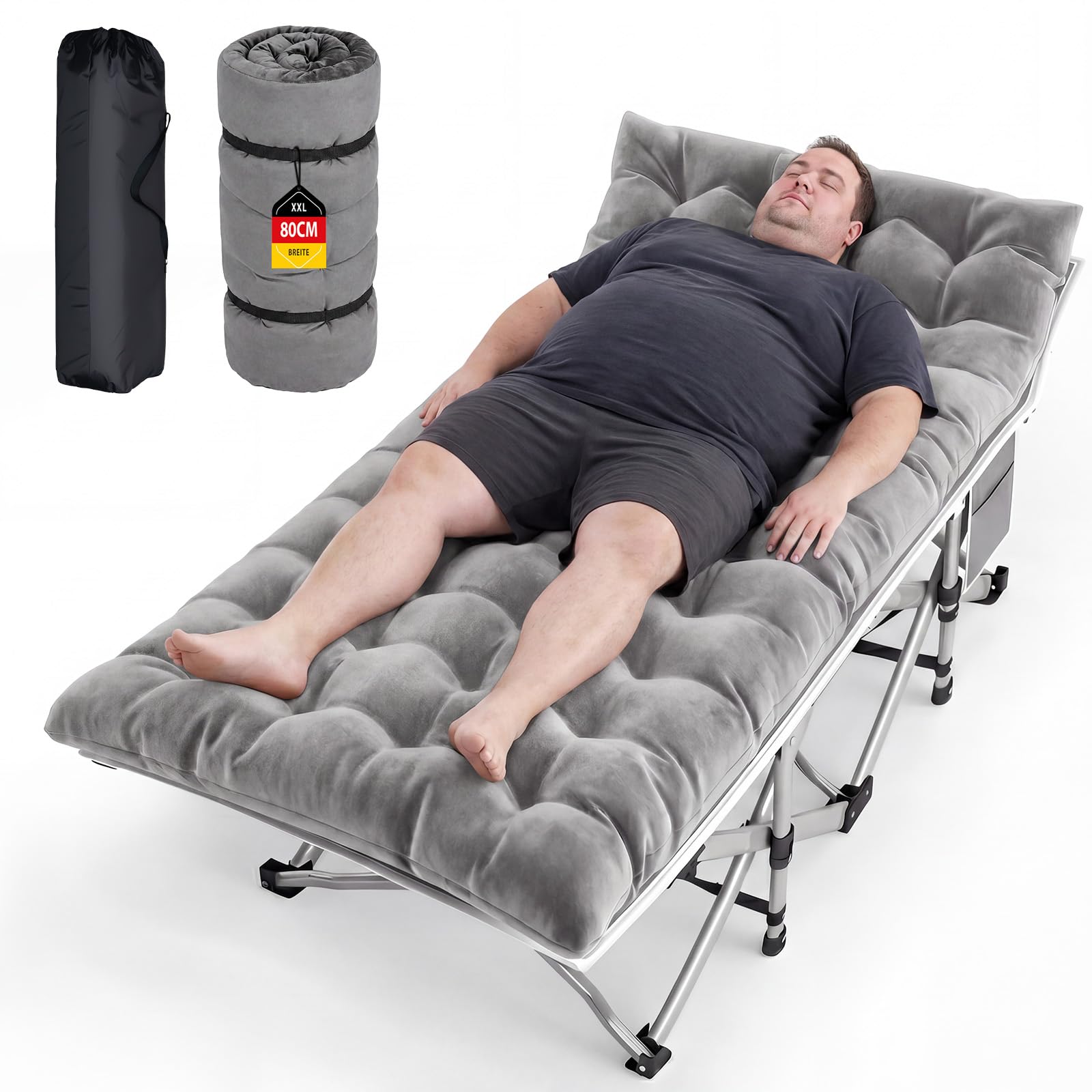 XXL Campingbett Feldbett 190 x 80 x 37 cm Feldbett Klappbar mit Matratze, Klappbett mit Seitentasche, Camping Bett 2 Personen Campingliege, Faltbar Gästebett bis 308 kg für Outdoor Indoor Reisen
