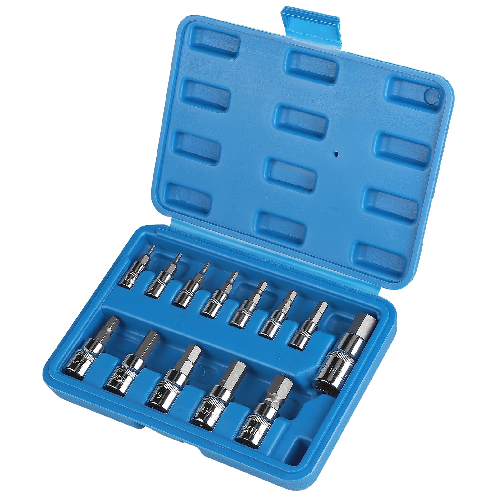 CPROSP Juego de 13 tuercas hexagonales de 1/2", 3/8", 1/4 pulgadas, hexagonales de 2 a 14 mm, con maletín de plástico, juego de llaves de vaso 1/2 para llave de impacto