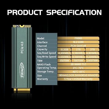 Fikwot M.2 SSD 2TB NVMe SSD M2 2280 PCIe Gen4 x4, Up to 5000MB/s Internal Solid State Drive with Heatsink for PS5 Desktops Laptops, Dynamic SLC Cache(FN960)
