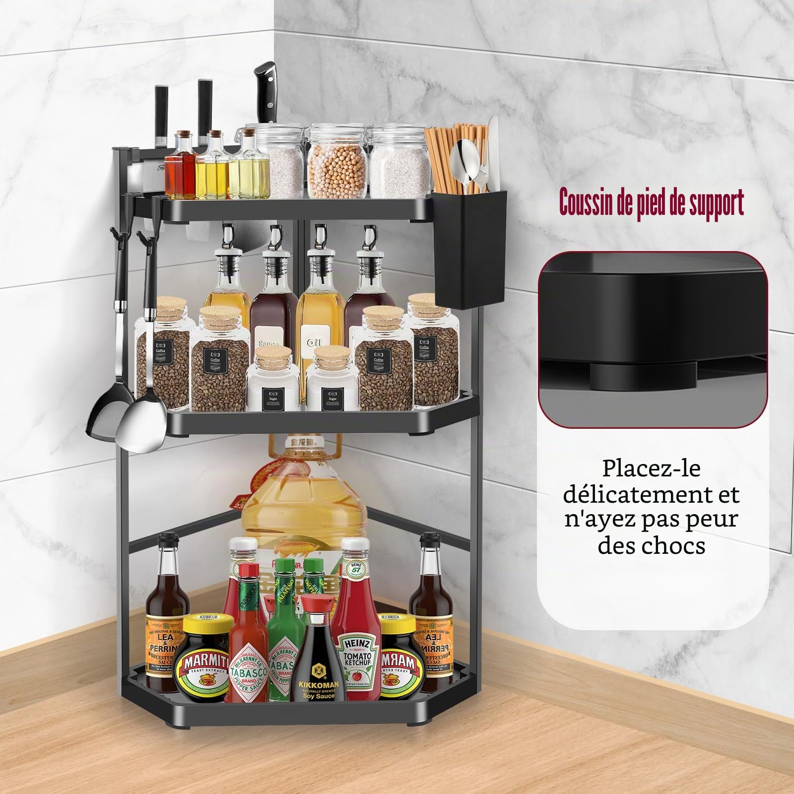 Étagère de cuisine d'angle réglable à 3 étages - 60 cm - Extra large - Étagère à épices murale triangulaire en acier inoxydable - Organiseur pour cuisine et salle de bain
