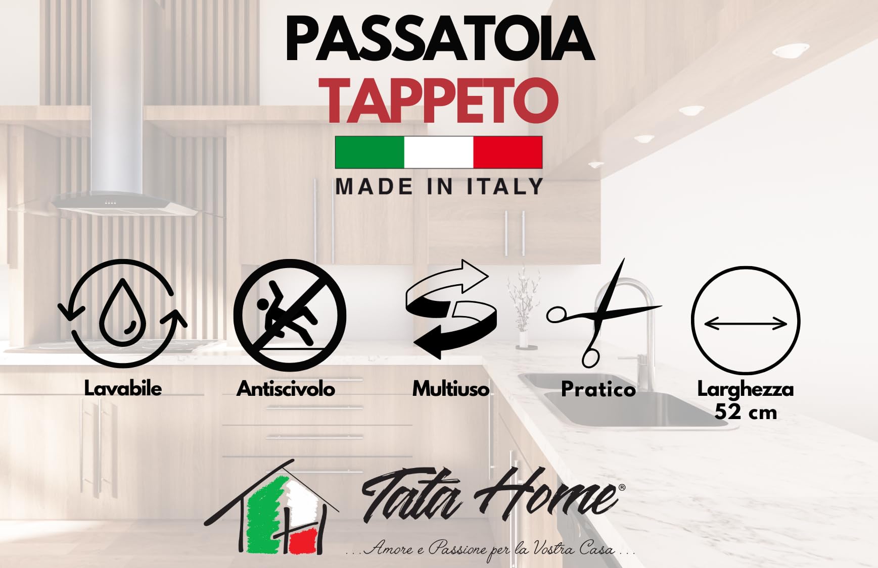 Tata Home Passatoia Tappeto Runner da Cucina Fronte in Poliestere e Retro in PVC Antiscivolo Flessibile Made in Italy Larghezza 52 cm Lunghezza 260 cm