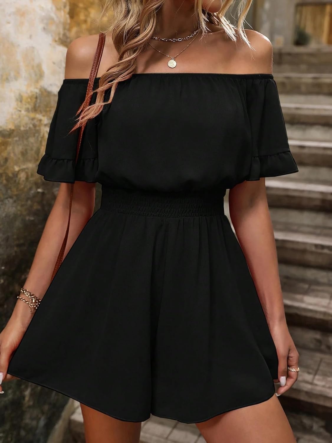 Rompers for Women Summer 2026 Off Shoulder Flounce Sleeve Romper