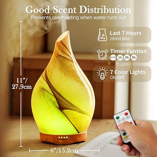 Miniatura 10 de Porseme Difusor de aceite esencial de 9.5 fl oz, humidificador ultrasónico de aroma con control remoto, sin BPA, apagado automático, ajuste de