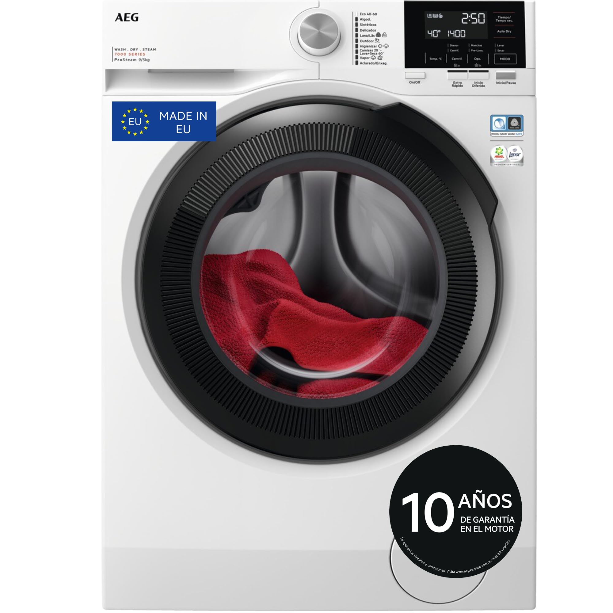 AEG LWR7194M4B Lavasecadora de Carga Frontal, Lava 9 Kg, Seca 6 Kg, Libre Instalación, 1400 rpm, Motor Inverter, Programa Rápido, Nonstop 60 min, Panel LCD, Puerta XL Negra, Clase A, Fabricado en UE