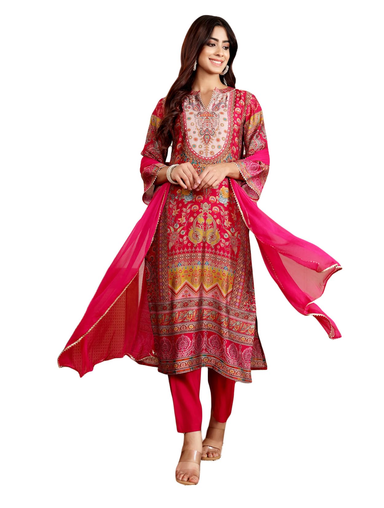 varanga Women Chanderi Pink Fashion Kurta Pant And Dupatta Set-picture-11