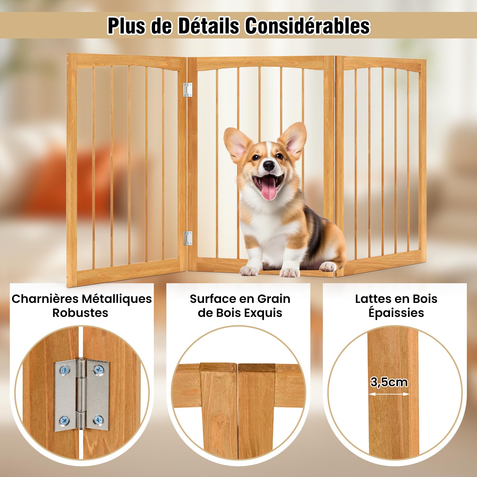 COSTWAY Barriere de Securite Chien, Barrière Chien Pliable à 3 Panneaux, Cadre en Bois de Sapin, Charnières Flexibles, Barrière Chat Chiot pour Escalier Salon Cuisine, 159 × 76 cm (Naturel)
