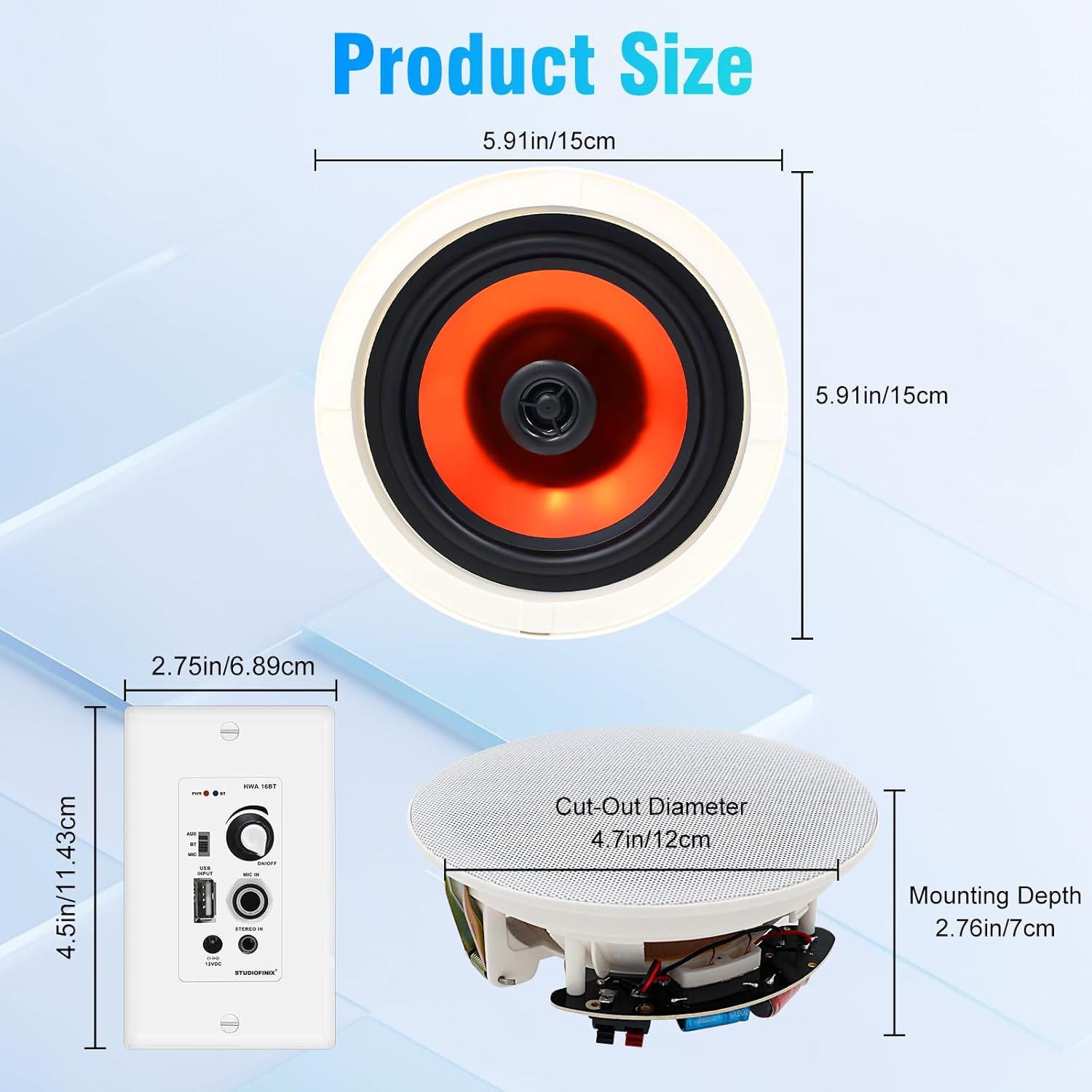 STUDIOFINIX 4-Inch Bluetooth Ceiling Speaker System with A 2-Channel Wall Amplifier,240W Max Power Output Pair - Perfect for Clear Sound in Living Room, Office, Kitchen, Basement & Covered Patio - Image 7