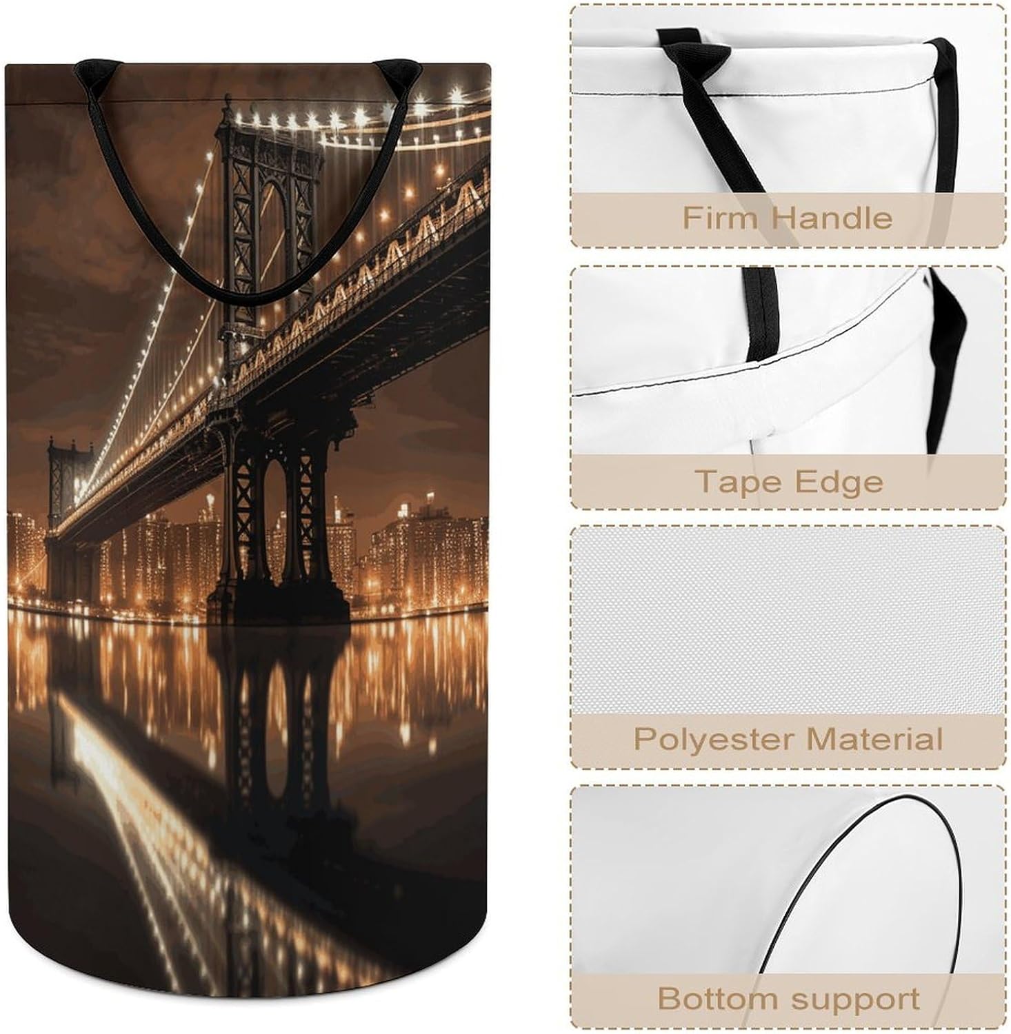 Laundry Basket Hamper New York Manhattan Bridge Night Waterproof Dirty Clothes Hamper Collapsible Washing Bin Clothes Bag with Handles Freestanding Laundry Hamper for Bathroom Bedroom Dorm Travel