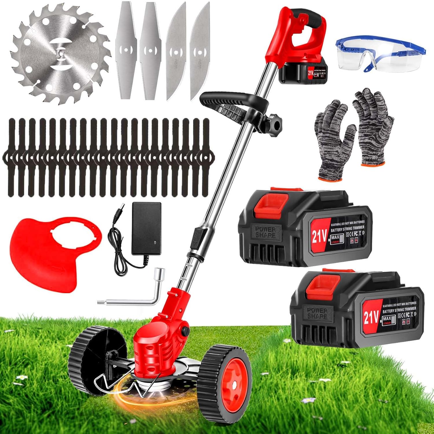 Electric Weed Wacker Eater Battery Powered 21V 4.0Ah, Cordless Grass Trimmer Battery Operated Stringless Brush Cutter, Lightweight Weed Trimmer/Lawn Edger/Mini-Mower Weeder Tool with 3 Types Blades