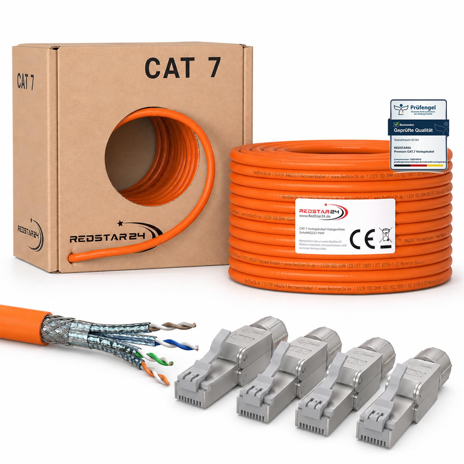 RedStar24 Cat 7 Kabel 50m mit 4x RJ45 Steckern werkzeuglos, Kupfer LAN Verlegekabel 1000MHz AWG23/1, S/FTP PIMF, PoE 10Gbit Ethernet Netzwerkkabel