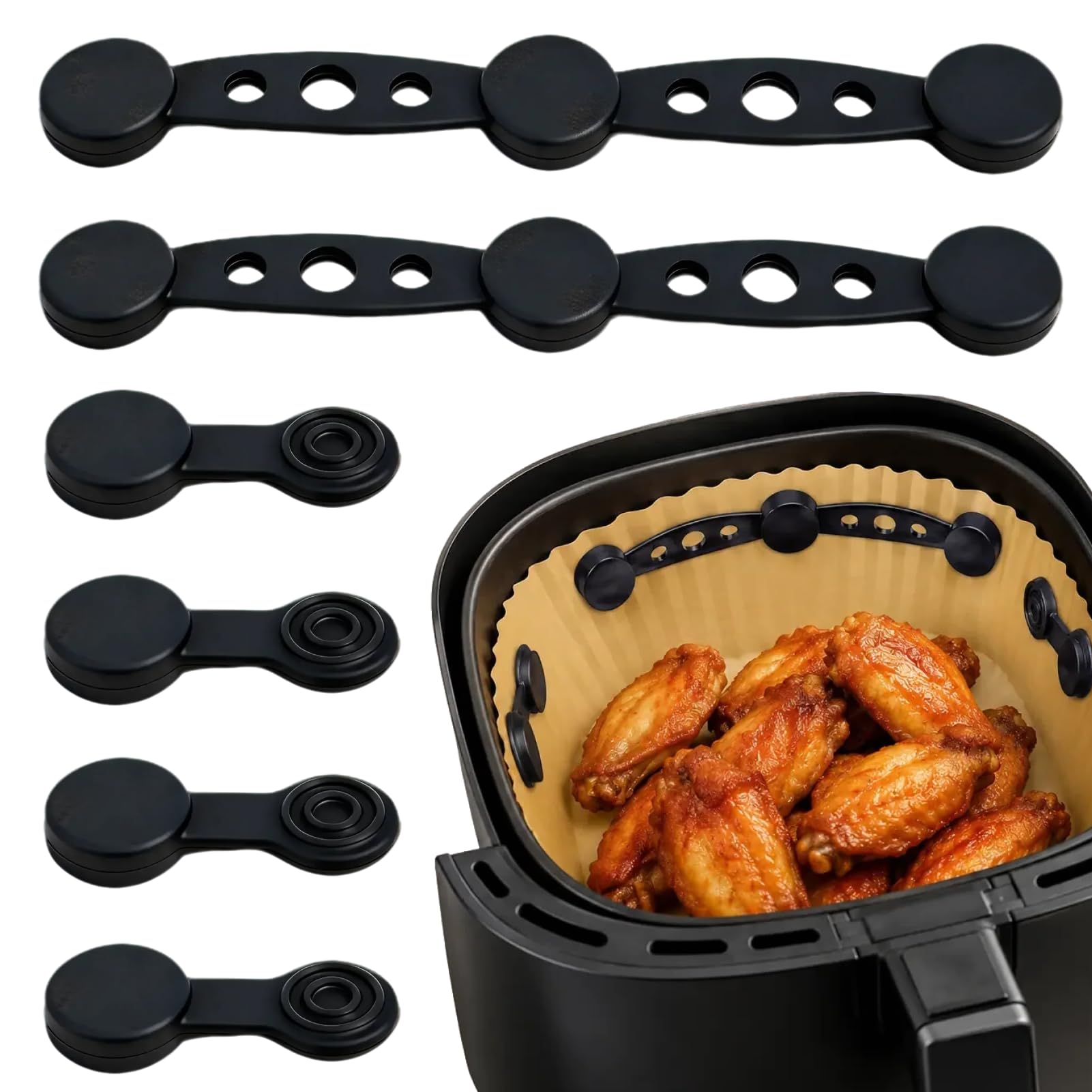 6 Clips Magnéticos de Silicona para Air Fryer, Imanes Air Fryer para Papel Reutilizables, Resistentes al Calor, Accesorios para Freidora de Aire con Cestas Metálicas, 2 Largos y 4 Redondos