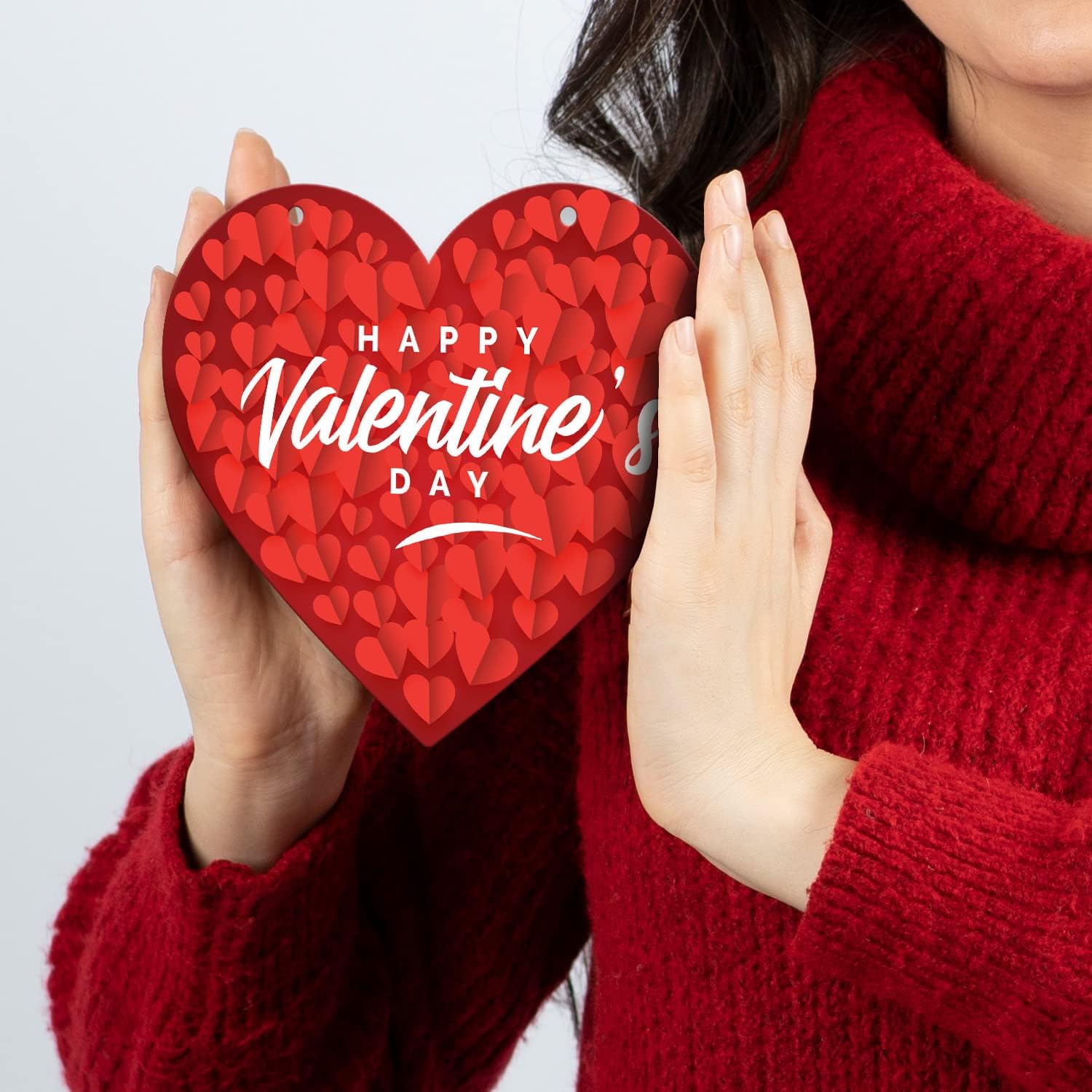 Valentines Day Decor Happy Valentine's Day Red Background Full of Hearts, 9 Inch Aluminum Heart Shaped Door Sign with Red Satin Ribbon by Soul Décor