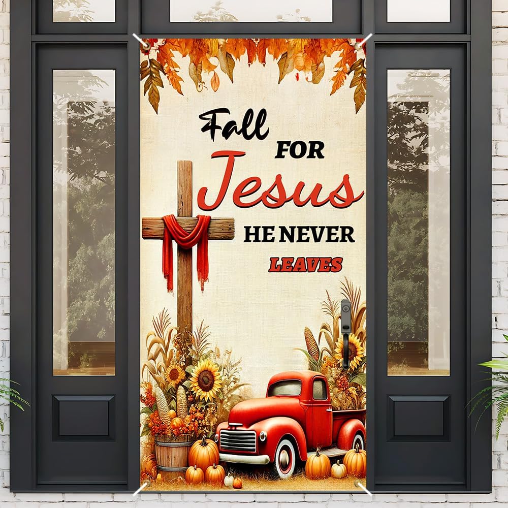 Fall for Jesus Door Cover 35x71in Cross Pumpkin Autumn image 2