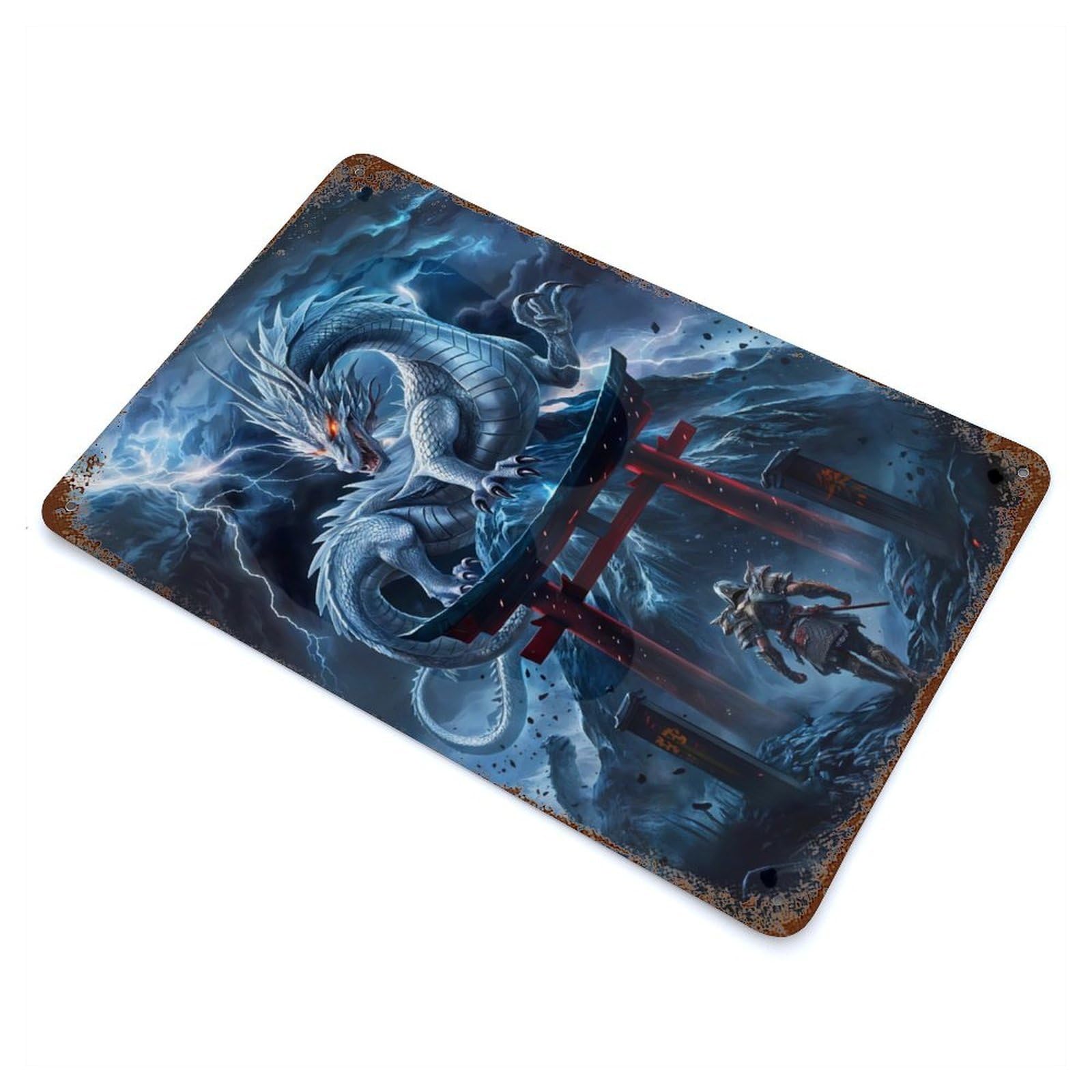 Dragon Fighting Fantasy 11.8"x7.9" Rusty Metal Tin Sign, Novelty Wall Decor for Cafe, Home Bar And Lounge Decor