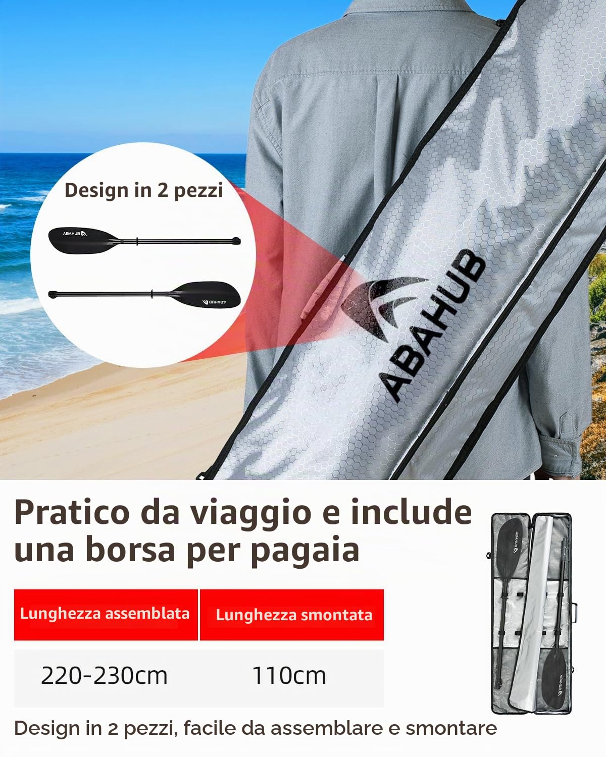 Abahub Pagaia Kayak in Carbonio Completamente Regolabile, 220–230 cm Doppia | Pagaia con guinzaglio, ideale per kayak e barche a remi. Gambo in carbonio e lama in fibra di carbonio.