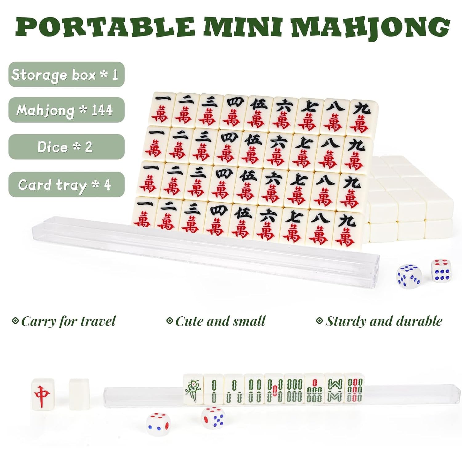 Photo 1 of GenJuw Chinese Mahjong Set, 144 Mini Tiles, Red and Ivory