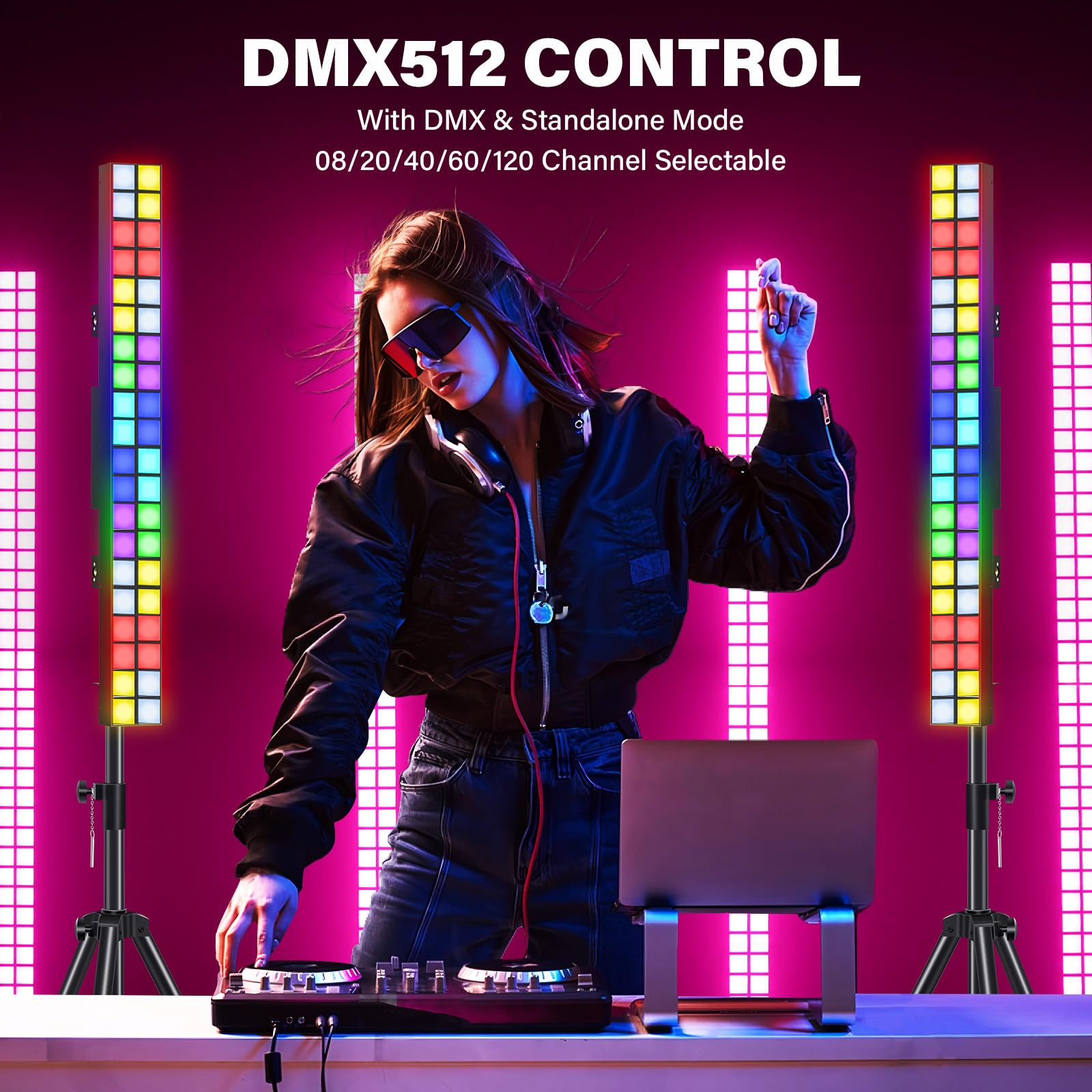 Telbum DJ Stage Lights Bar with Stand, 100W RGB LED DMX Pixel Light Bar, 20x2 Matrix Light Can Be Spliced, DJ Lighting for Party Club Booth Wedding Church Event