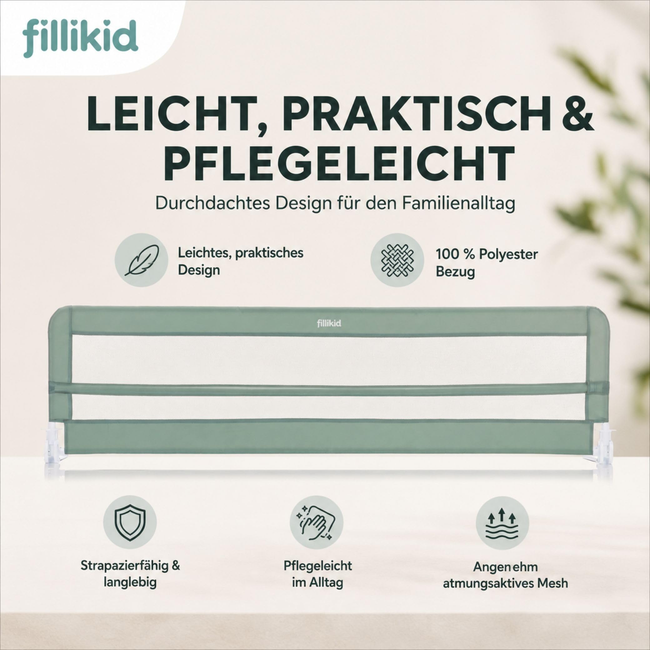 Fillikid Bettgitter Lina XL 180 x 50 cm Exklusiv | Rausfallschutz Bettschutzgitter für Kinderbett & Boxspringbett | Kinder Schutzgitter klappbar | Extra lang | Seitenschutz fürs Bett