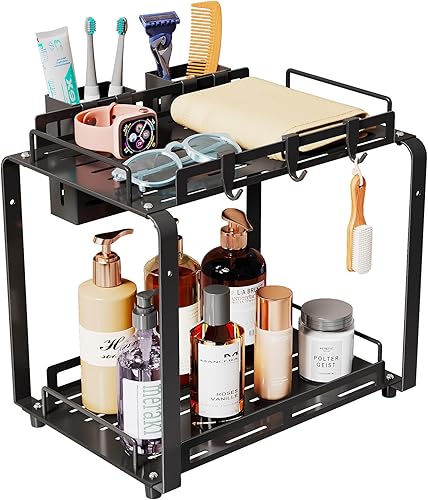 Miniatura 7 de Organizador de baño, organizador de tocador para baño, estante de almacenamiento de baño de 2 niveles para encimera o montaje en pared, estante de