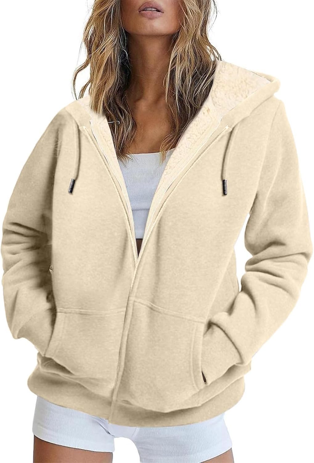 Women ' s Zip Up Fleece Sweatshirts Drawstring Hoodie Casual Long Sleeve Jackets Tops with Pockets Fashion Fall Outwear Women Beige