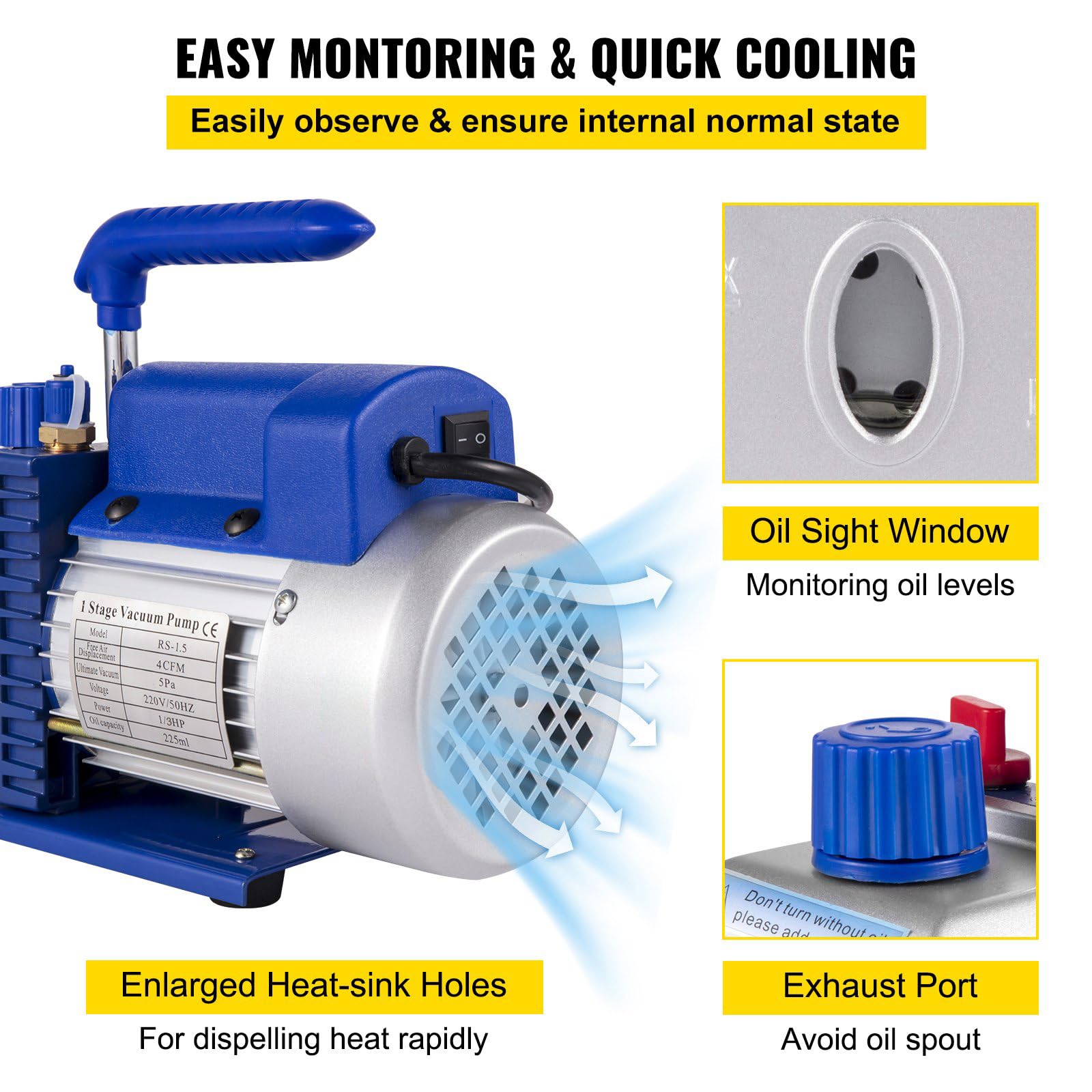 Bomba de Vacio Aire Acondicionado HVAC 4CFM1/3HP 220V 50Hz, 4 Válvula de Presión, para Coche, Refrigerador, Mantenimiento Automotriz y Envasado al Vacío