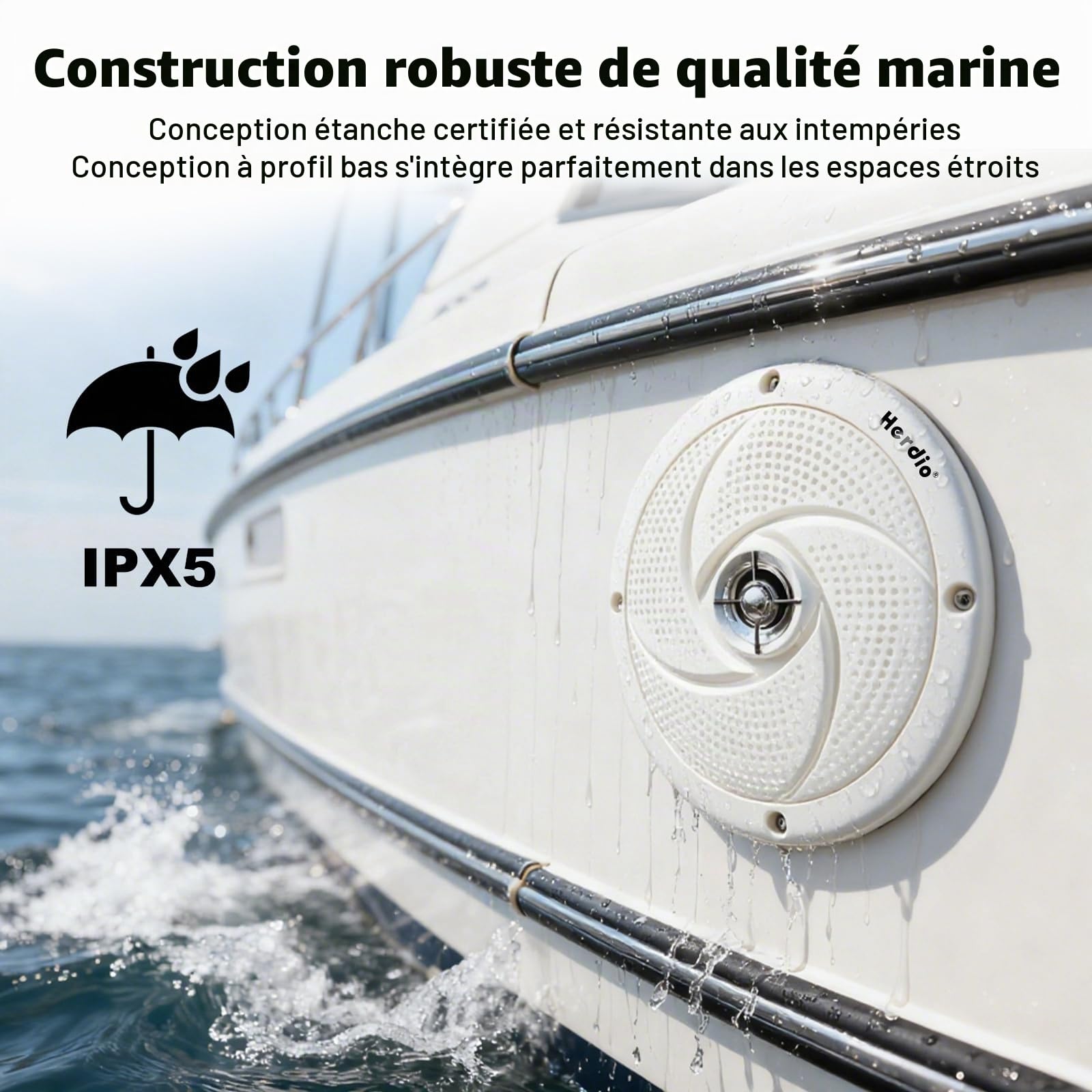 Herdio 6.5 inch 240W Haut-parleurs Marins étanches - 2 Voies résistants aux intempéries avec lumières LED, et Style Mince à Profil Bas pour Bateaux et véhicules récréatifs (Blanc)