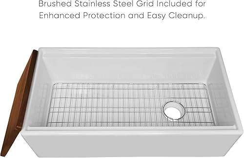 Miniatura 6 de Whitehaus Collection Juego de fregadero reversible de arcilla refractaria de 36 pulgadas con un delantal frontal liso, tabla de cortar de madera de