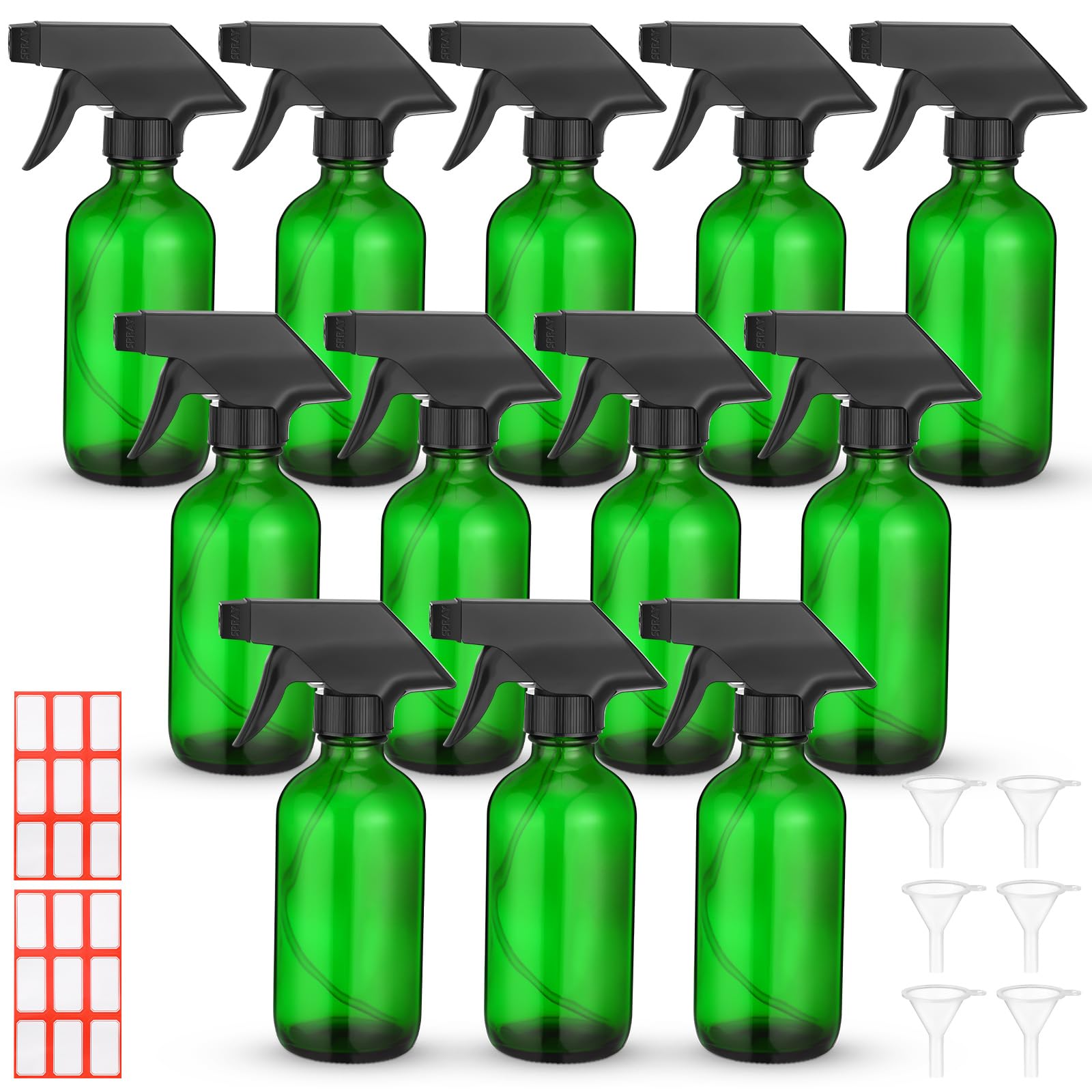 Norme 12 Pcs 8 oz Glass Spray Bottles with Funnels and Labels Refillable Cosmetic Empty Spray Bottles with Sprayer Containers for Essential Oil