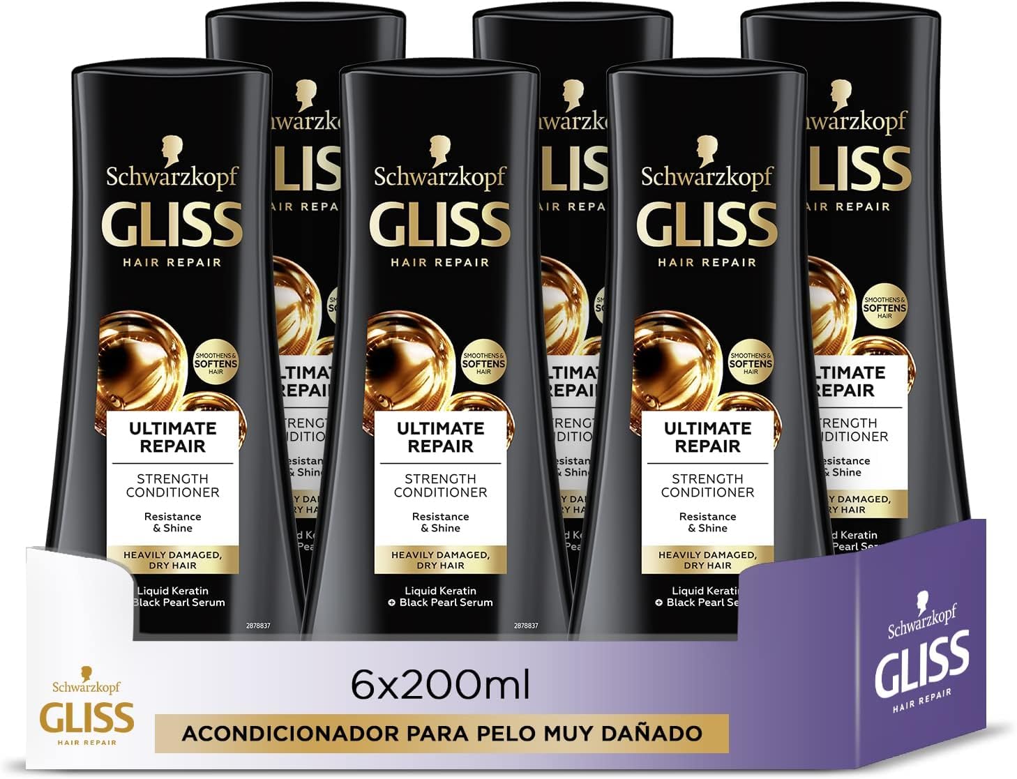 Schwarzkopf Gliss Ultimate Repair Balsamo Riparatore 200ml, Balsamo con Keratina Liquida ed Estratto di Perla Nera, Trattamento alla Cheratina per Capelli Danneggiati e Secchi, Confezione da 6 1.2 l (Confezione da 1)