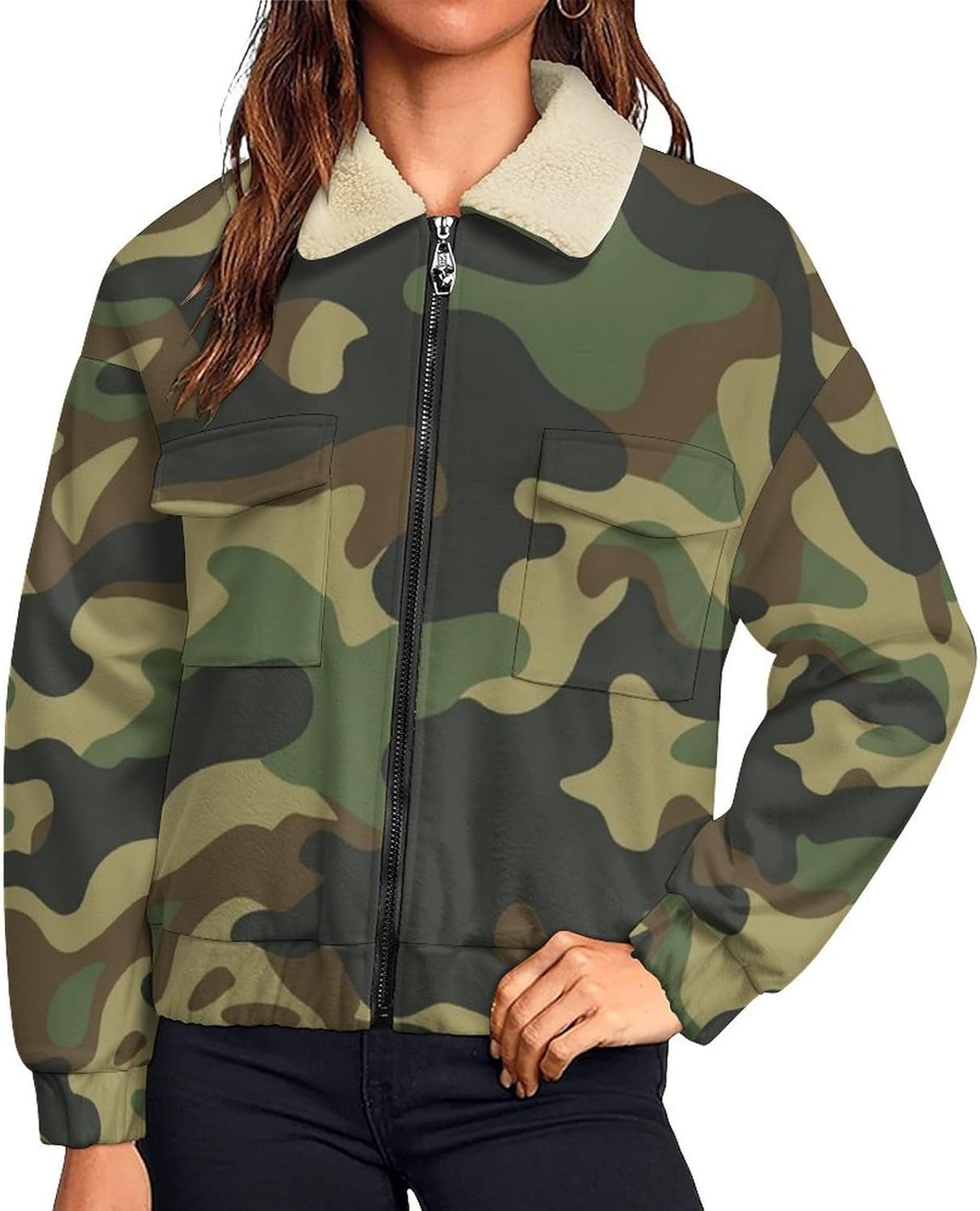 German Flecktarn Camo Jackets Womans Zip Sweatshirt Long Sleeve Warm Sports Top Causal Pockets Stand Collar Coat
