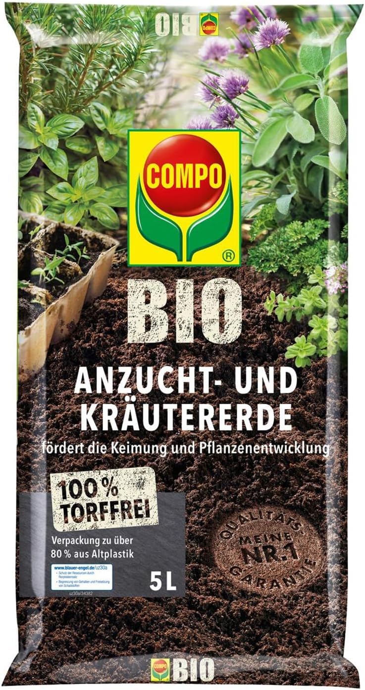 COMPO BIO Anzuchterde und Kräutererde, Erde für Aussaaten, Kräuter, Stecklinge und Jungpflanzen, Blumenerde, Torffrei, 5 Liter