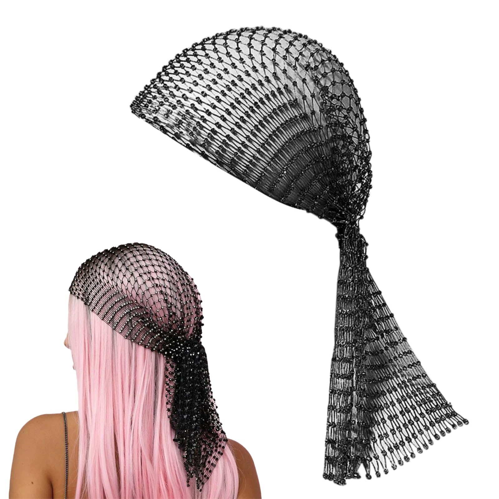 Hybursky Women's Black Fishnet Headband With Rhinestone Hollow Out Glitter Sequins Head Scarf Veil Cap Elastic Nightclub Headwrap Headpiece Turban Caps Hair Accessories For Girls(Black)