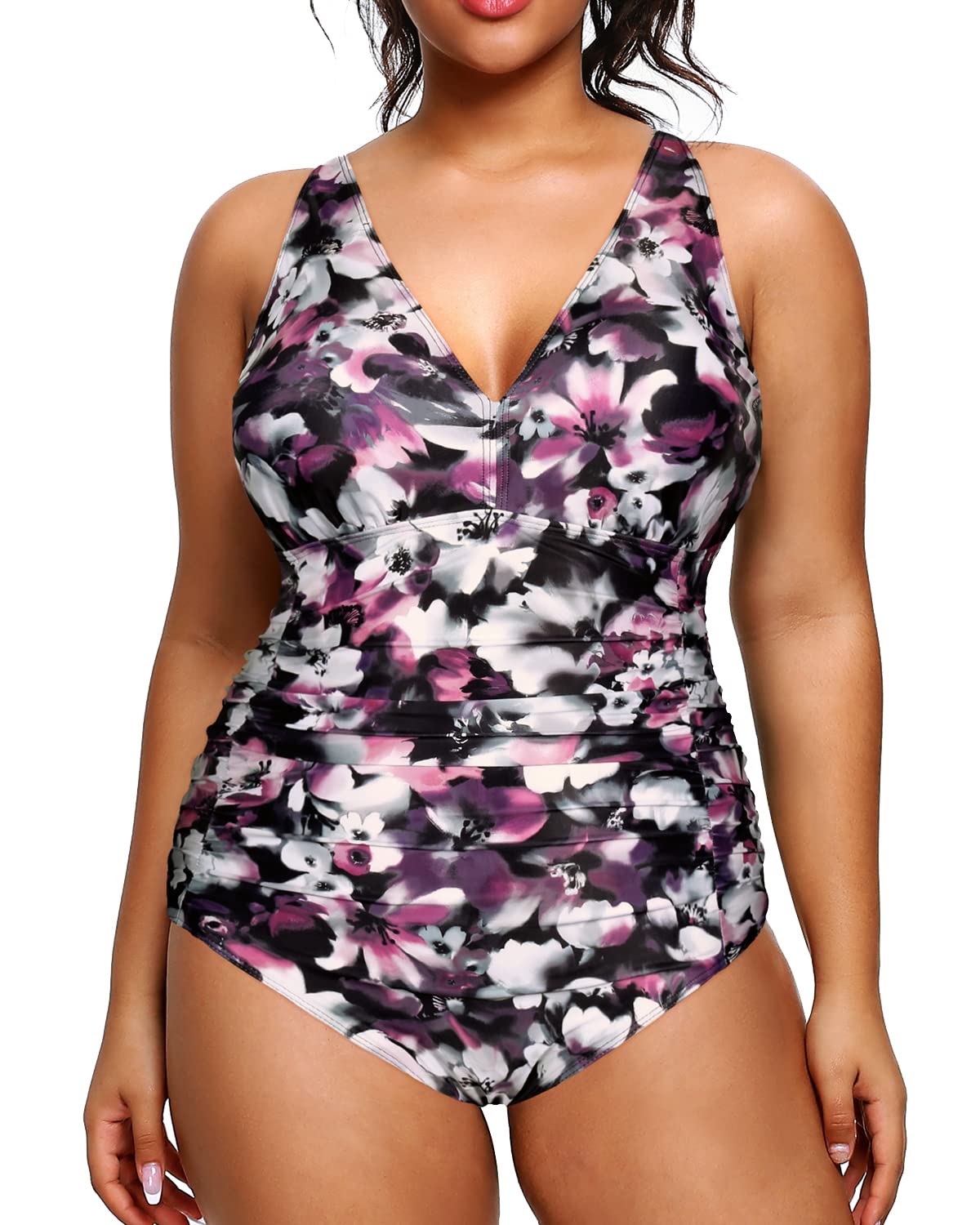 Photo 1 of Aqua Eve Women Plus Size One Piece Swimsuits V Neck Tummy Control Bathing Suits Retro Ruched Swimwear 20 Plus Purple Flower