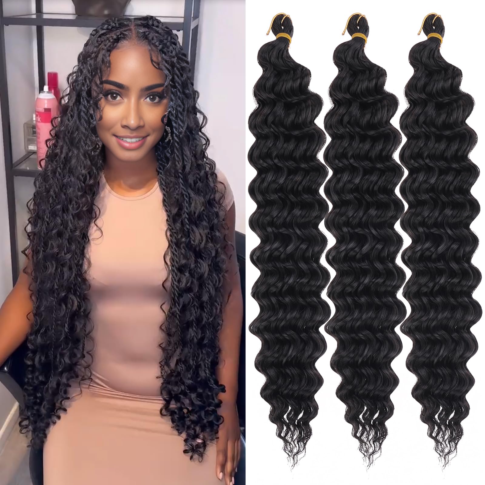 ZRQ Ocean Wave Crochet Hair 3 Packs 30 Inch Deep Twist Crochet Hair Bohemian Braiding Curly Natural Black Synthetic Braiding Hair Extensions For Women