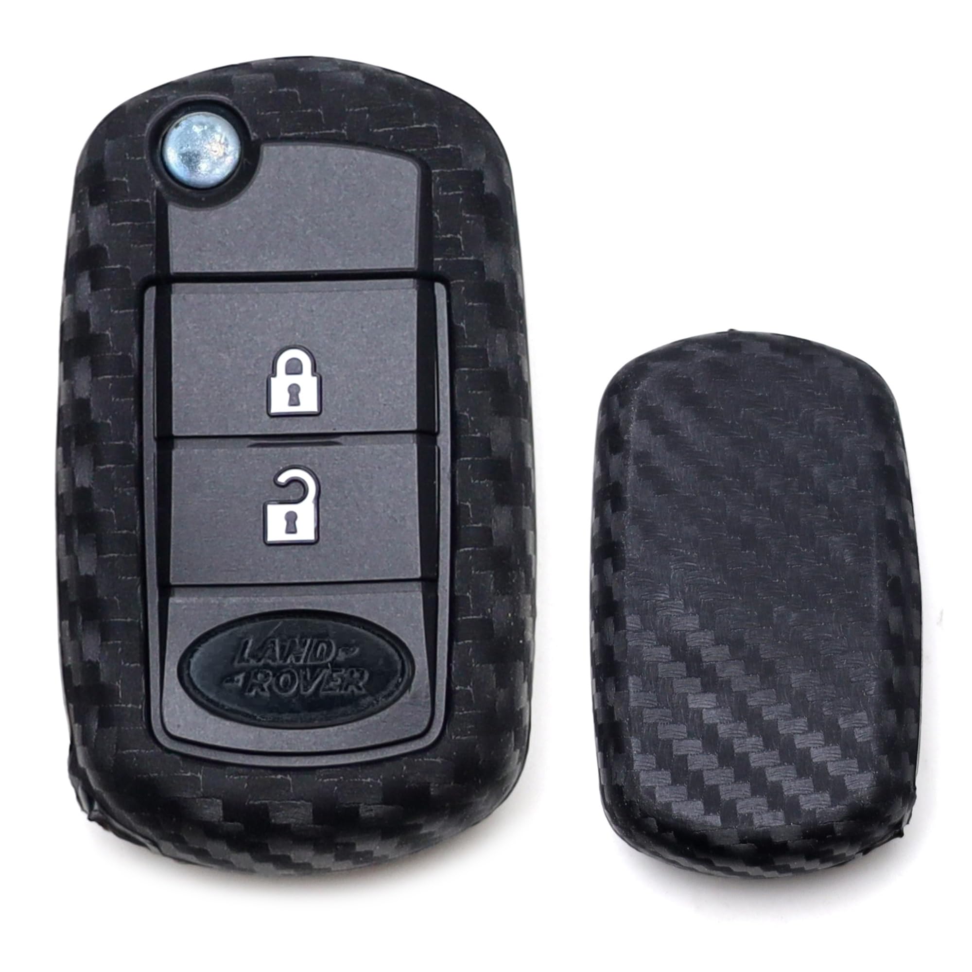 iJDMTOY Black Twill Weave Carbon Fiber Pattern Soft Silicone Key Fob Cover Compatible with Land Rover 2004-2011 L319 Discovery 3 LR3, 2006-2010 Range Rover/Sport Flip Blade Key