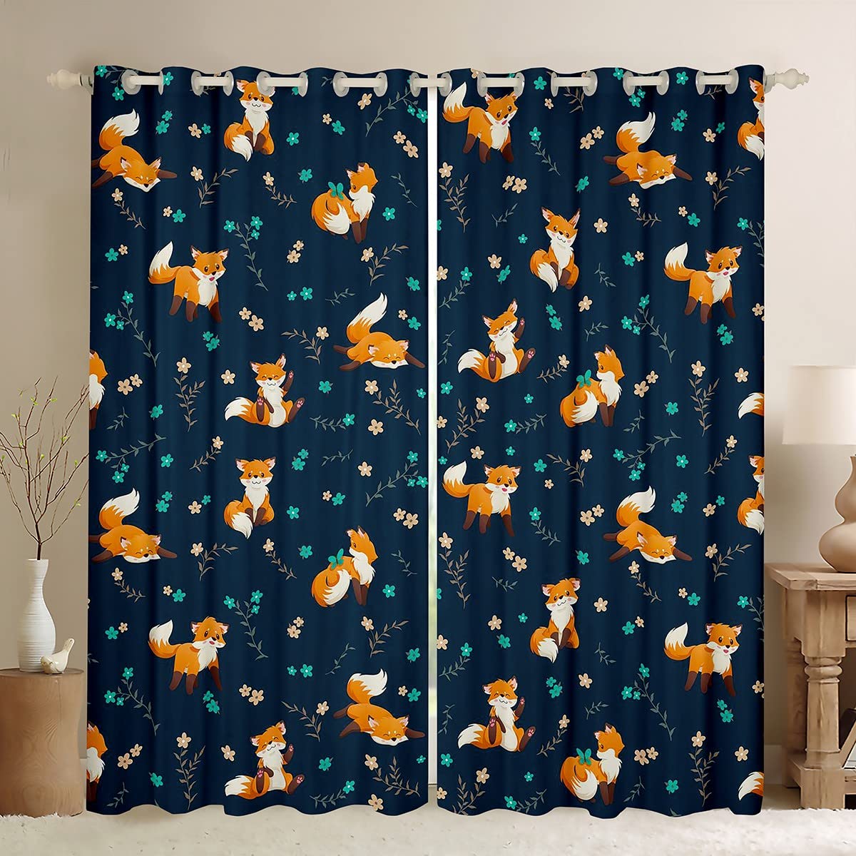 Loussiesd Fox Blackout CurtainKids Cute Woodland Foxes Curtain Boys Girls Floral Kawaii Animal Darkening Curtain Nature Window Drapes Dark Blue Bedroom W46*L54