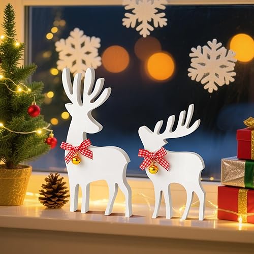 Miniatura 5 de Decoración navideña de reno de madera  2 piezas de decoración navideña de ciervo de madera con lazos y campanas, decoraciones navideñas de granja