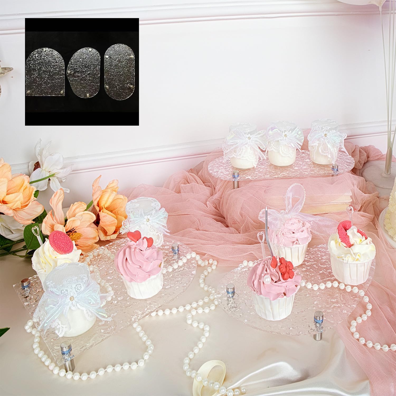 3-Piece Water Ripple Acrylic Cupcake Display Stand Set, Decorative Dessert Risers with Sturdy Legs for Wedding Birthday Baby Shower & Tea Parties
