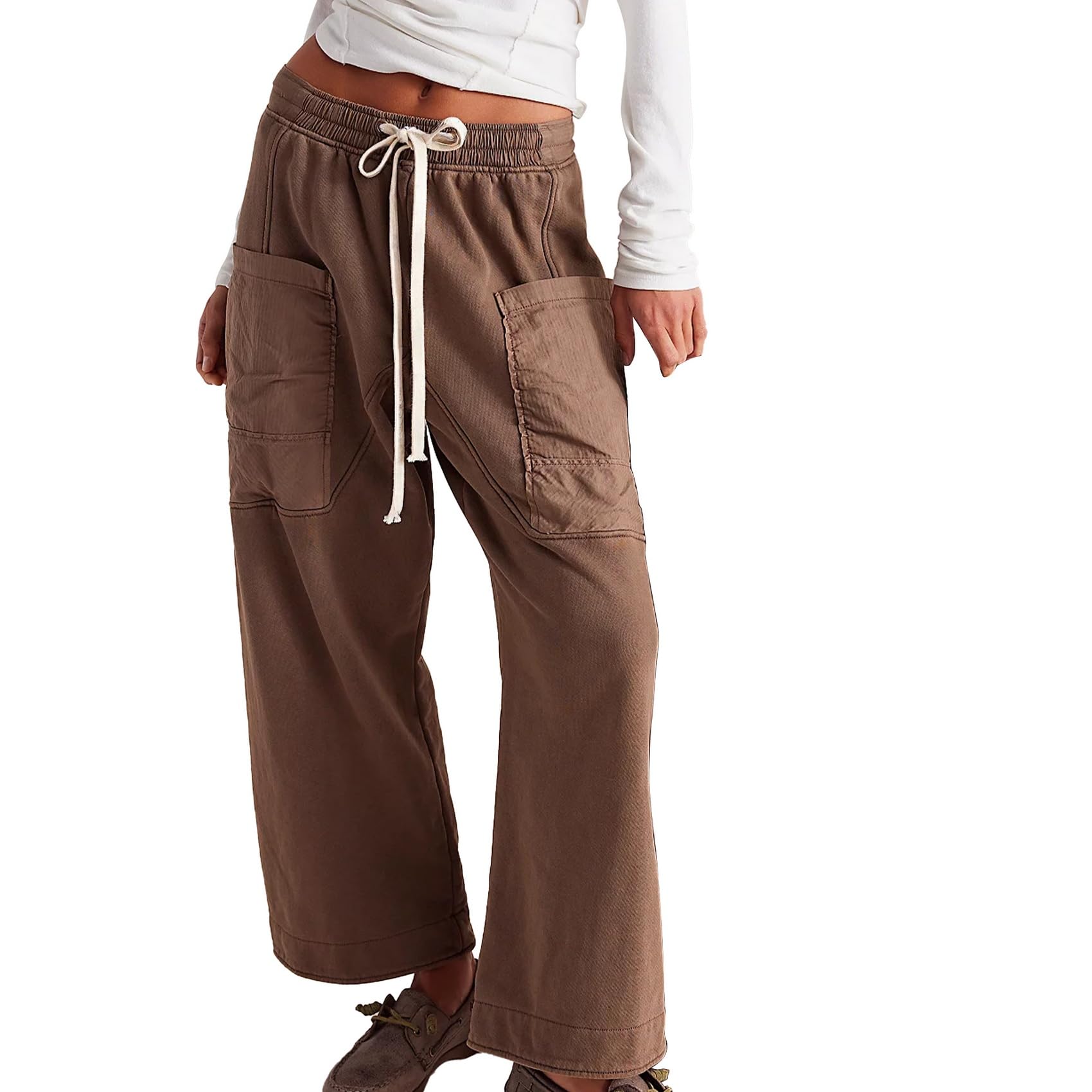Duyang Womens Knit Lounge Pants Casual Wide Leg Barrel Sweatpants Trendy Drawstring Waist Cargo Trousers with Pockets