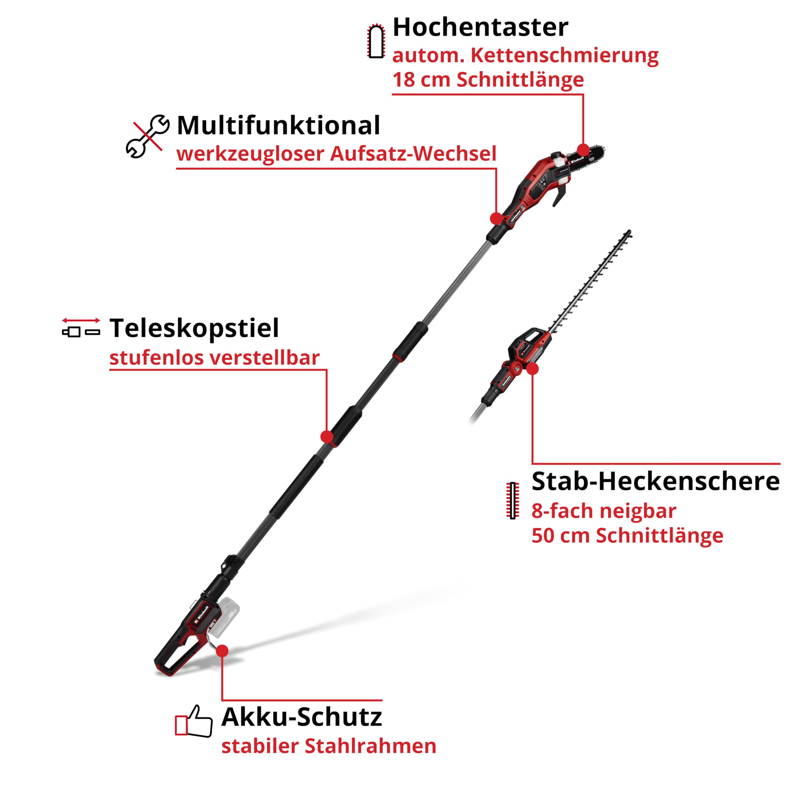Einhell Professional Akku-Multifunktionswerkzeug GP-HC 18/5020 Li T BL Power X-Change (18 V, Brushless, 50 cm Heckenschere, 18 cm Hochentaster, Teleskopstiel, inkl. 4 Ah PLUS Akku)
