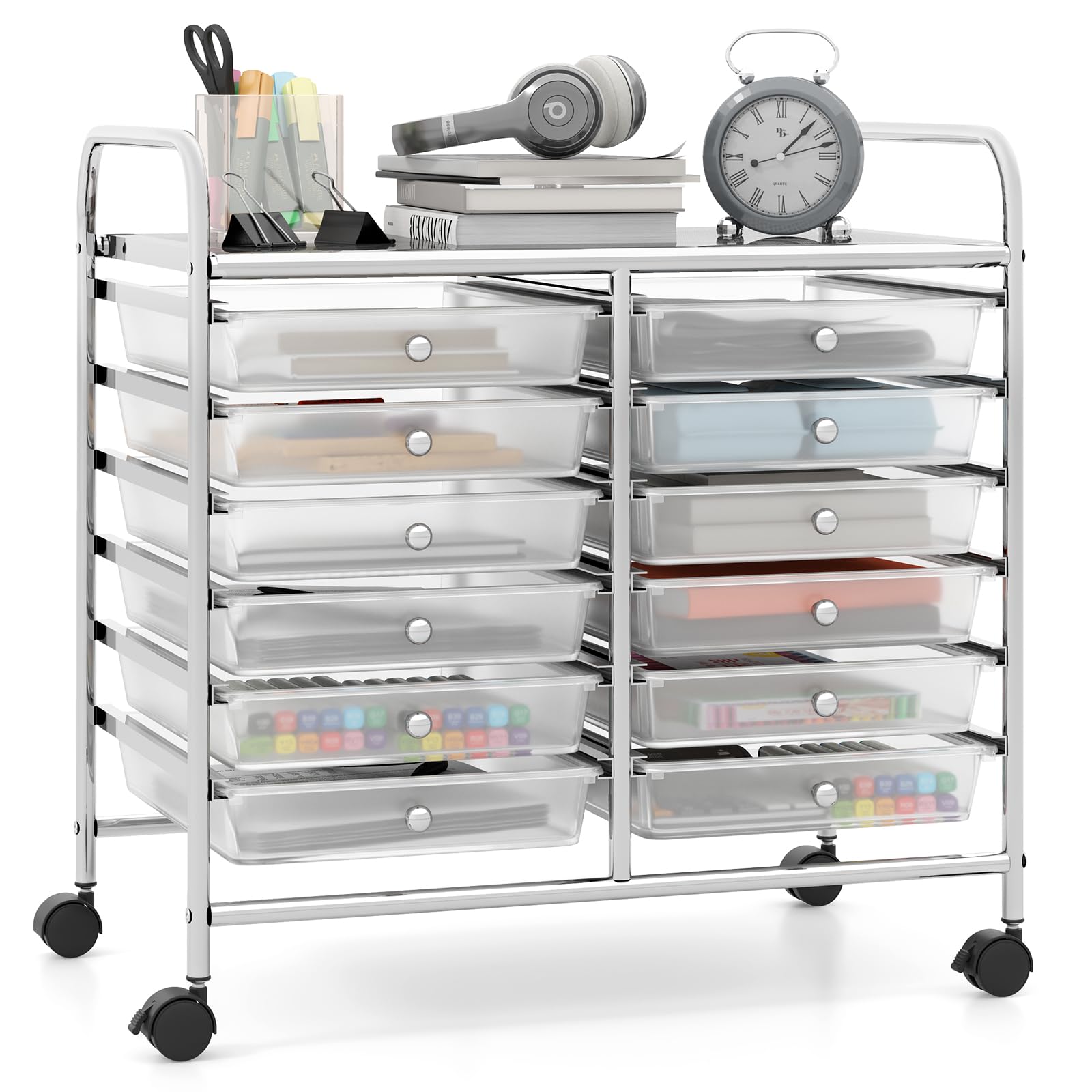 GIANTEX Carro de Almacenamiento con 12 Cajones Plásticos, Cajonera con 4 Ruedas 360°, 2 Bloqueables, 64 x 38 x 62 cm, Carrito Auxiliar para Salón, Cocina, Baño (Transparente)