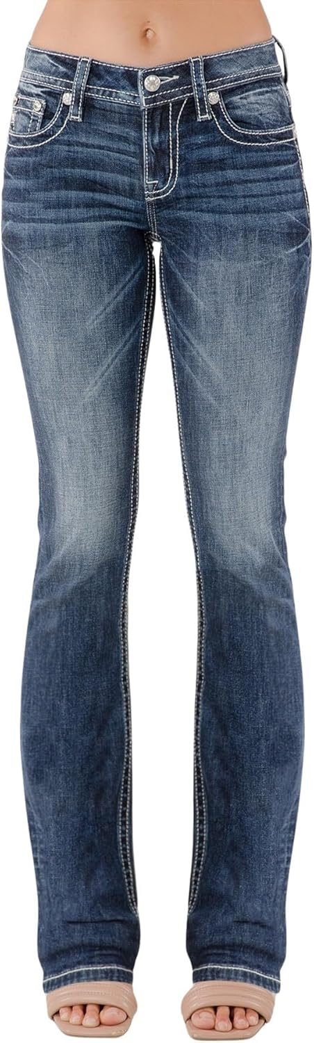 Miss Me Women's Sequined Cross Stitch Embellished Faux Flap Pockets Mid-Rise Bootcut Jeans