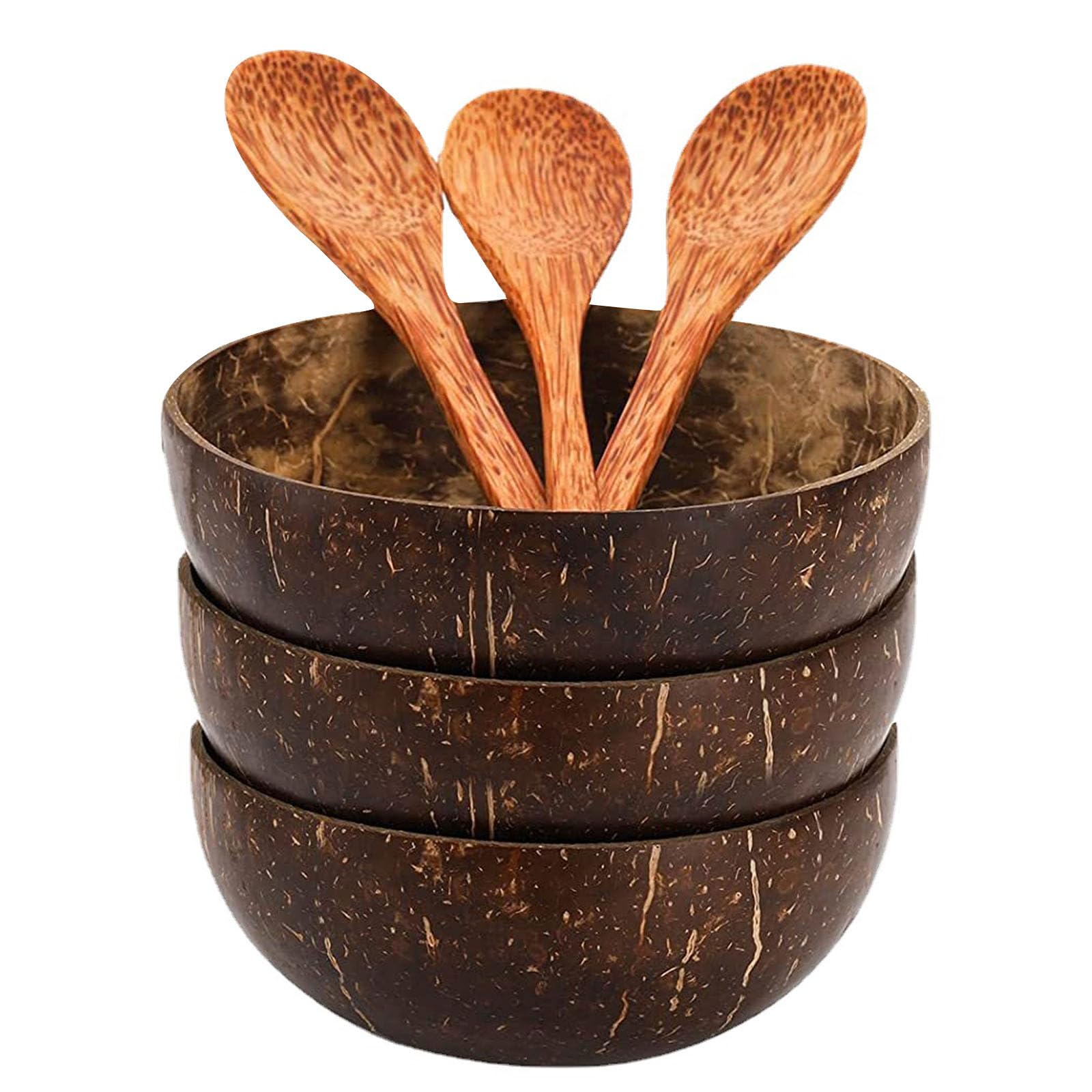 MLKLDOU Coconut Bowl Set - 3 Coconut Bowls & 3 Spoons,Hand Made Wooden Cutlery,Dessert Fruit Salad Mixing Bowl Rice Ramen Bowl