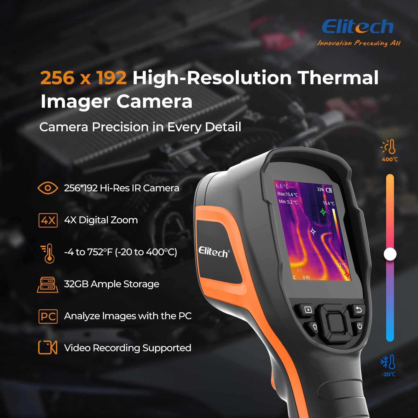 Elitech Telecamera termica 256 x 192 risoluzione IR, frequenza di aggiornamento 25 Hz, fotocamera 2 MP, display LCD da 3,5", IP54, impermeabile e antipolvere, USB-C, da -20 °C a 550 °C, per