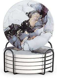 Coasters with Holder, Absorbent Coasters by DSNDVES, Set of 6 Ceramic Coasters, Marble Style Drink Coasters with Cork Base, Bar Coasters, Round Stone Coasters for Table Protection Black