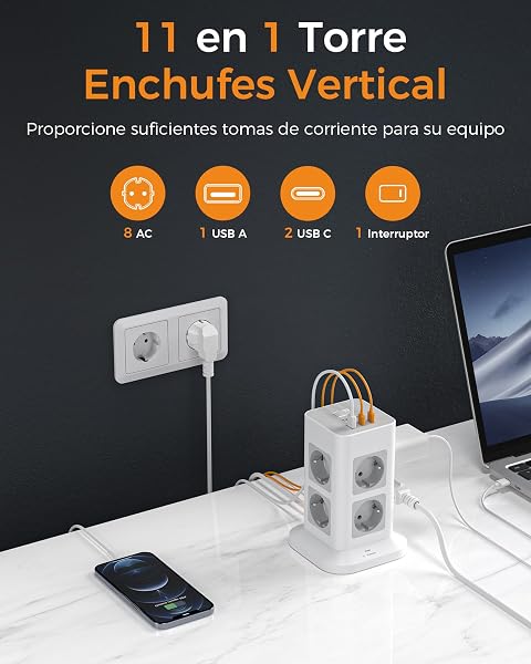 TESSAN Regletas Enchufes Proteccion Sobretension 8 Tomas con 1 USB A y 2 USB C, Torre Regleta Vertical con Interruptor, Alargador Enchufe 2 Metros, Torre Multiple 3600W para Mesa, Oficina, Casa - 2