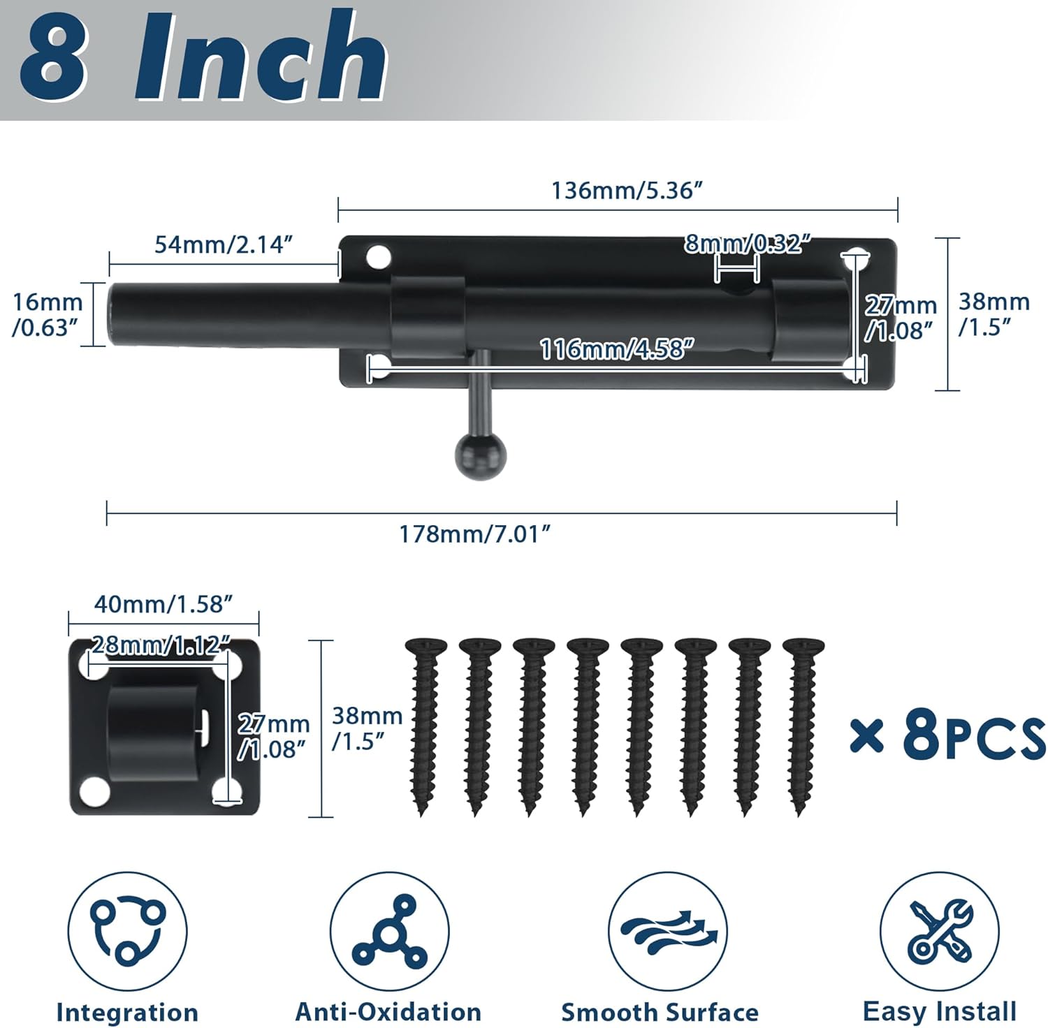 Alise 8 inch Heavy Duty Slide Bolt Latch, SUS304 Stainless Steel Barrel Bolt Lock, Safety Door Lock for Wooden Fence/Barn Door/Outdoor Fence/Shed Door Matte Black MS9000-B