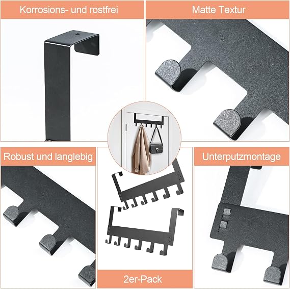 2 Pack Over Door Hanger, Black Door Hanger, Over Door Hooks with 6 Hooks for Bathroom, Bedroom, Kitchen,Coats, Hats, Bags, Clothes, Towels